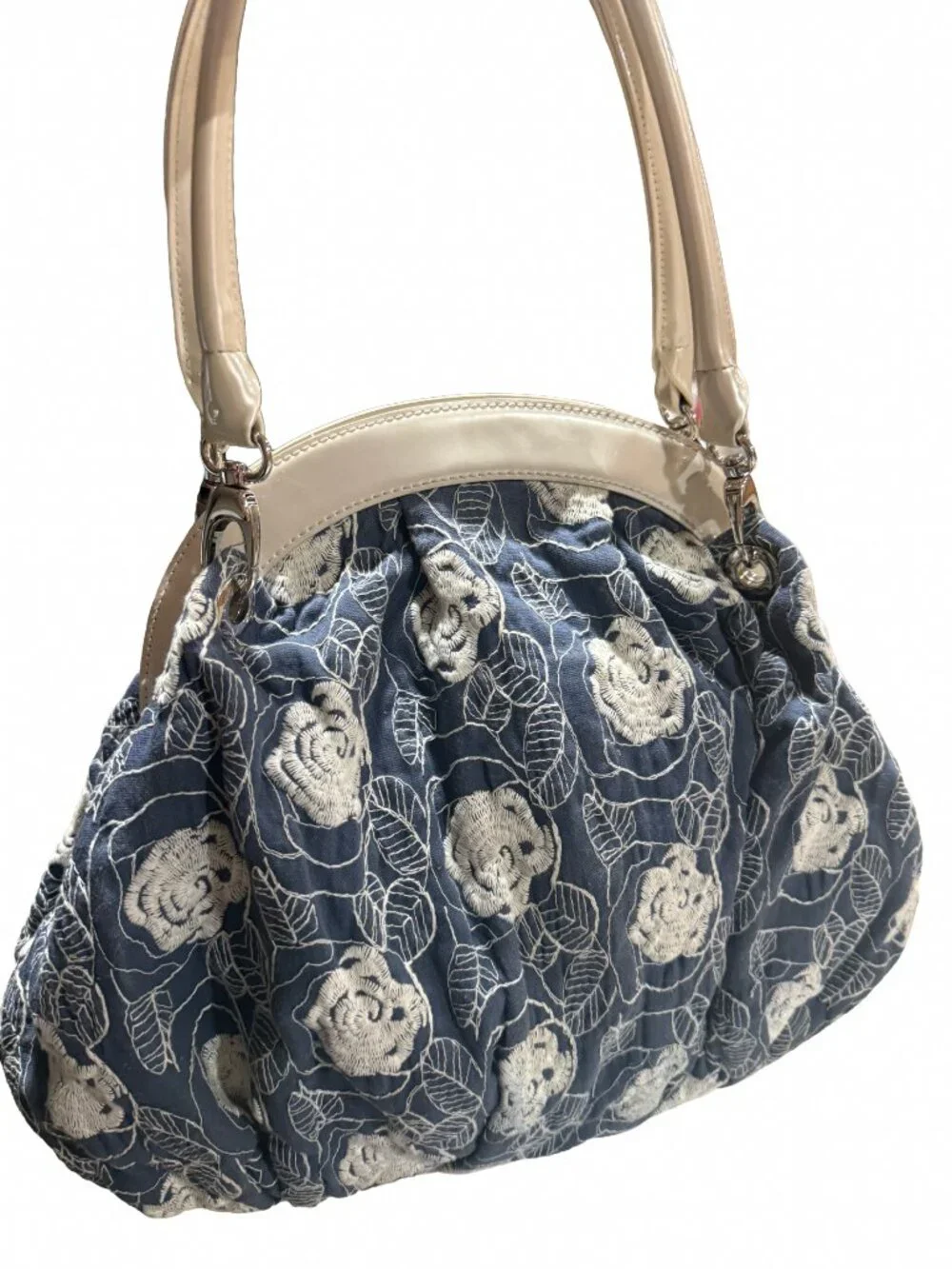 Beijo Blue Floral Embroidered Kiss-Lock Frame Satchel Handbag Cream Trim Dust Ba